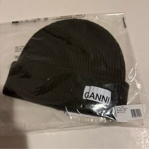 Ganni Fitted Wool Rib Knit Beanie Hat In Kalamata NWT